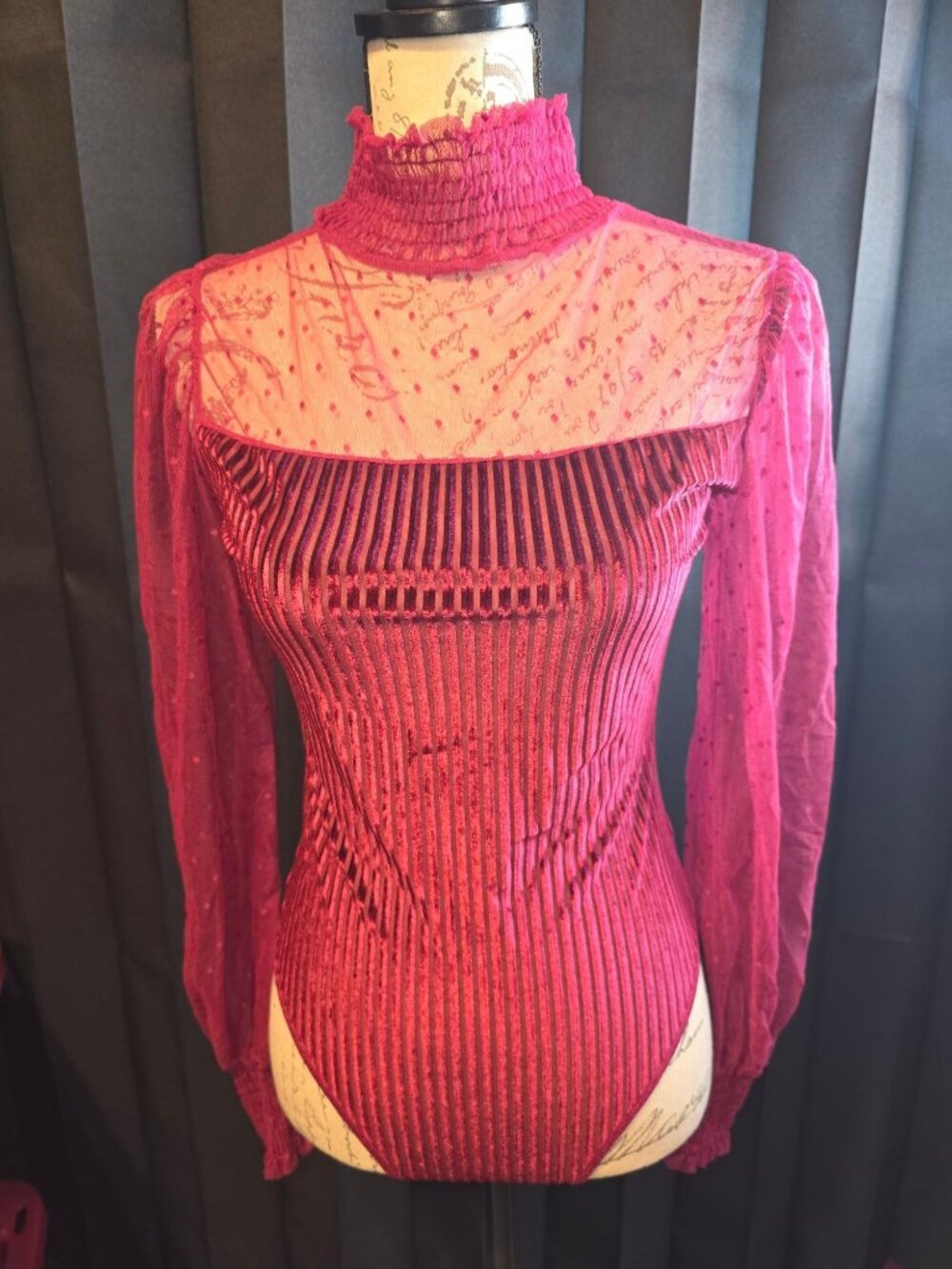 Sheer Mesh Long Sleeve High Neck Bodysuit Red Velvet Striped Small Stretchy Poly